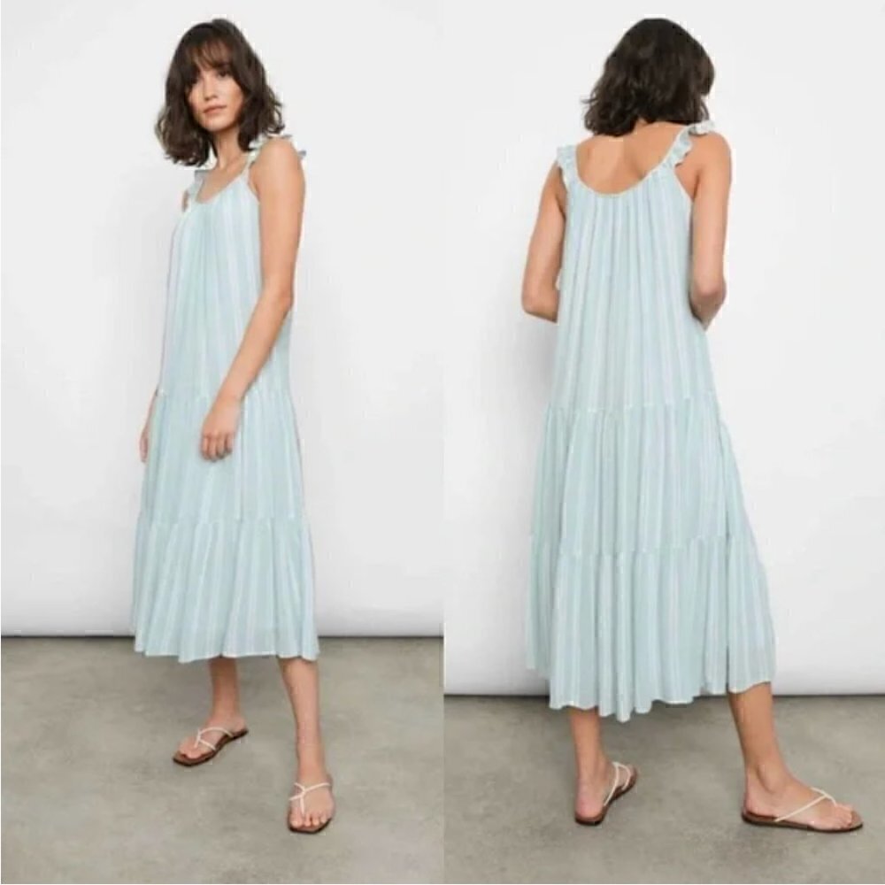 NWT Rails Dress Capri Linen Small Green White Striped Tiered Sleeveless